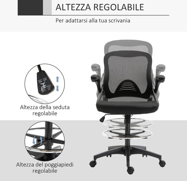 Vinsetto Sedia da Ufficio Traspirante ad Altezza Regolabile con Braccioli Ribaltabili, 64x60x106-126 cm, Nera