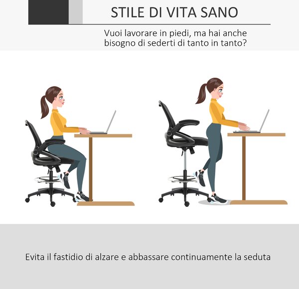Vinsetto Sedia da Ufficio Traspirante ad Altezza Regolabile con Braccioli Ribaltabili, 64x60x106-126 cm, Nera