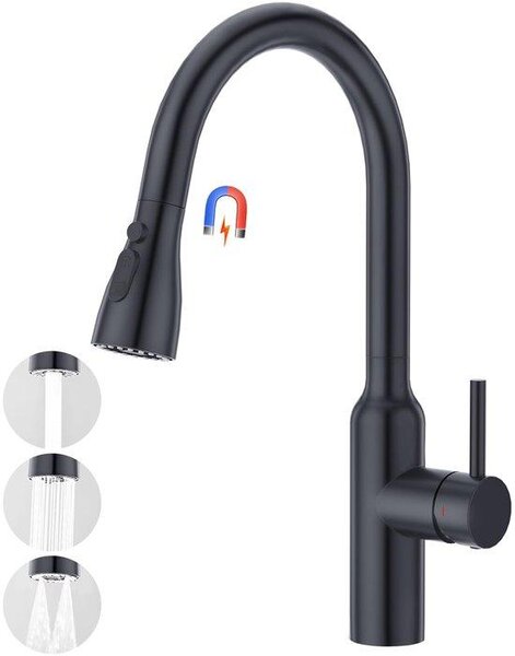Rubinetto da cucina alto con 3 getti d'acqua, doccetta estraibile, miscelatore monocomando, rubinetto ad alta pressione, rubinetto per lavello, rubinetto da cucina, orientabile a 360°, in acciaio inossidabile, nero opaco