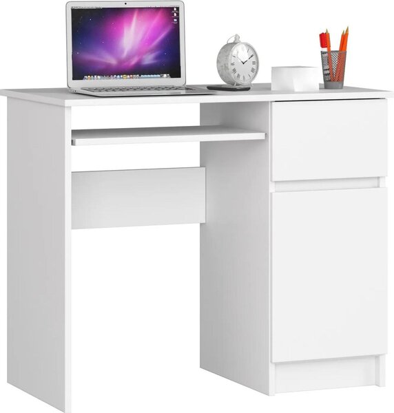 Scrivania compatta bianca Piksel per ufficio e home office con ripiano estraibile e cassetto