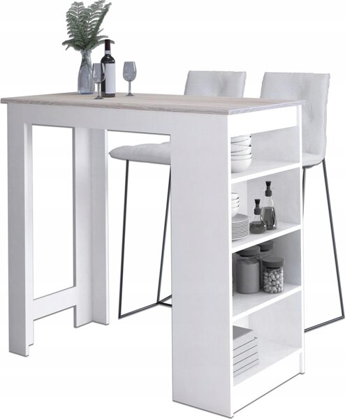 Akord Tavolo Da Bar Con Sgabelli Bianchi E Finitura Rovere Sonoma 115X50X103 Cm