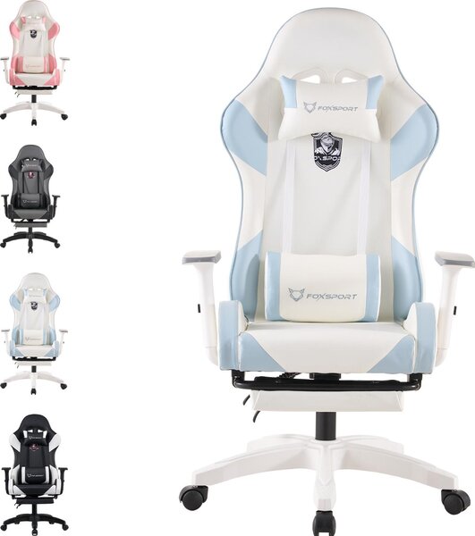 Sedia da gioco FOXSPORT Sedia da ufficio ergonomica con poggiapiedi retrattile+cuscino lombare+poggiatesta+braccioli flessibili Sedia per computer fino a 150 kg Blu