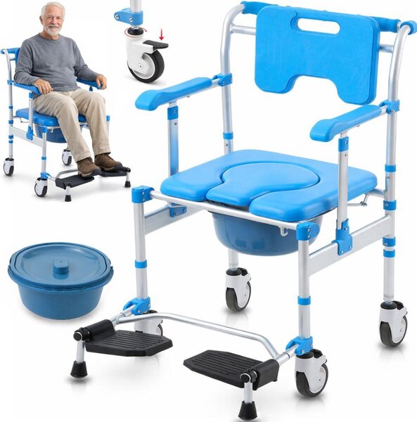 Sedile WC con rotelle, Linomag®, sedile WC rimovibile, sedile doccia, braccioli ribaltabili, per anziani o persone con mobilità ridotta, impermeabile, blu