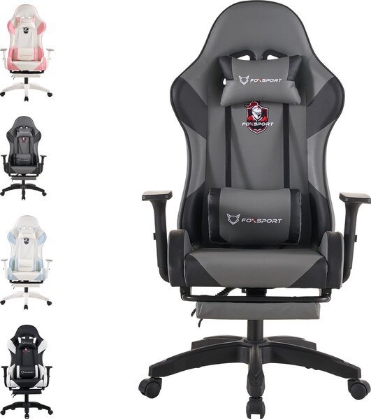 FOXSPORT sedia da gioco sedia da ufficio ergonomica con poggiapiedi retrattile+cuscino lombare+poggiatesta+braccioli flessibili sedia per computer fino a 150kg grigio