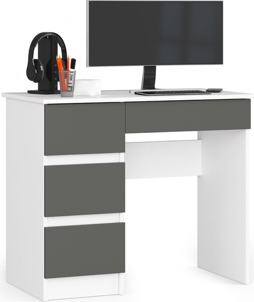 Scrivania A-7 bianca e grigio grafite lato sinistro con 4 cassetti e design moderno