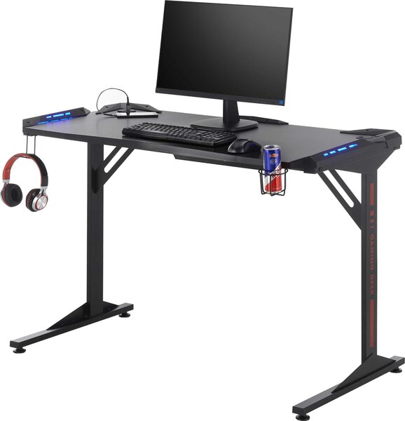 Scrivania da gioco - Nero - Decoro in carbonio nero - 119 x 60 cm - Metallo - con illuminazione a LED