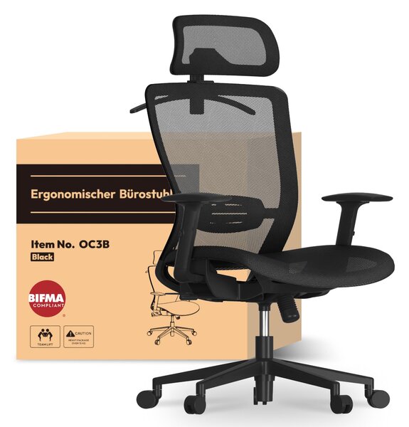 Sedia da ufficio ergonomica FlexiSpot OC3, sedia da scrivania con poggiatesta 2D, supporto lombare dinamico e braccioli regolabili, traspirante, nera