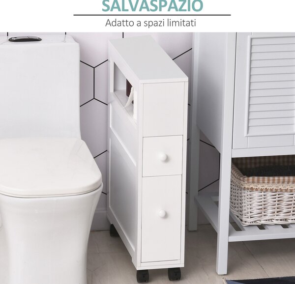 HOMCOM Mobiletto da Bagno 2 Cassetti Salvaspazio con 4 Ruote, Mobile Bagno Moderno in MDF, 16x52x71.5cm Bianco|Aosom Italy