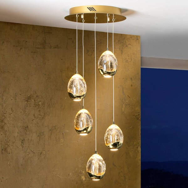 Schuller Valencia Lampada a sospensione LED Rocio, 5 luci, rotonda, metallo, vetro, oro dimmerabile, Chiaro / Trasparente, Soggiorno / Sala da pranzo, Metallo