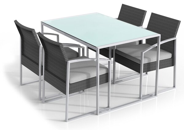Set pranzo tavolo 150x90 cm top in vetro e 4 sedie in alluminio e textilene  antracite –