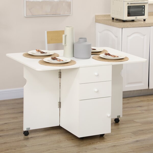 HOMCOM Tavolo da Cucina a Ribalta con 2 Cassetti e Armadietto ad Ante, in Truciolato, 120x80x75 cm, Bianco