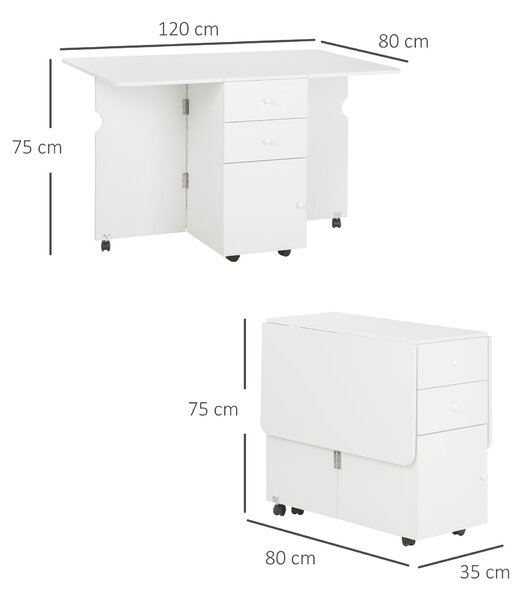 HOMCOM Tavolo da Cucina a Ribalta con 2 Cassetti e Armadietto ad Ante, in Truciolato, 120x80x75 cm, Bianco