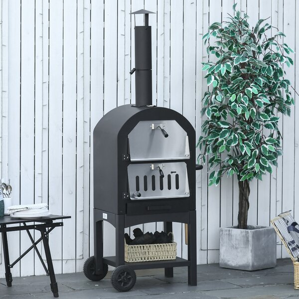 Outsunny Forno per Pizza e Barbecue a Carbone Portatile in Acciaio con Camino e Ruote, Nero|Aosom
