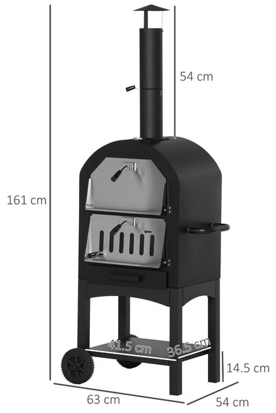 Outsunny Forno per Pizza e Barbecue a Carbone Portatile in Acciaio con Camino e Ruote, Nero|Aosom