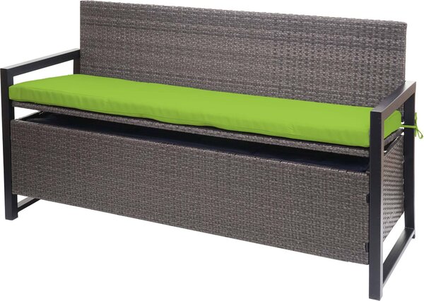 Panca da giardino Poly-Rattan, modello MCW-F39, con spazio contenitore, lunghezza 164 cm, colore grigio marmorizzato, cuscini verdi