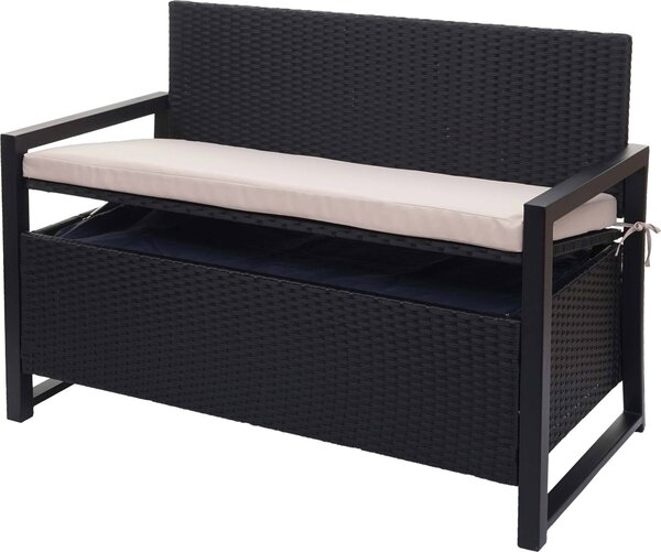Panca da giardino in rattan sintetico, modello HWC-F39, con spazio contenitore, colore antracite, dimensioni 117 cm, cuscini beige