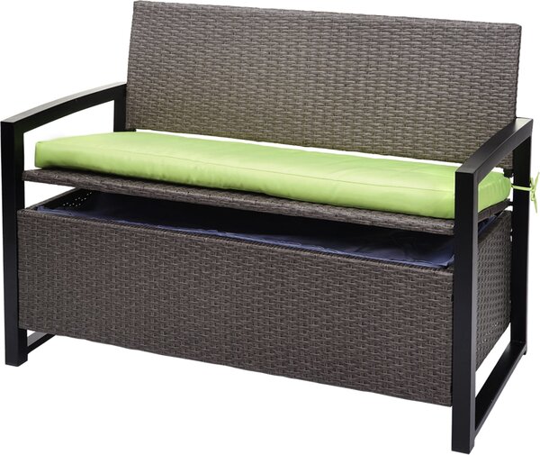 Panca da giardino Poly-Rattan, modello MCW-F39, con spazio contenitore, ideale per l'esterno, colore grigio marmorizzato, cuscini verdi