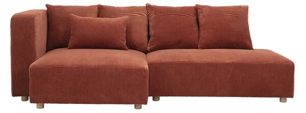 Divano angolare sinistro 3 posti in tessuto velluto a coste terracotta e legno chiaro HARLEM