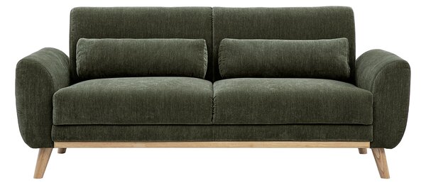 Divano scandinavo a 3 posti in tessuto effetto velluto texturizzato verde kaki e legno chiaro EKTOR
