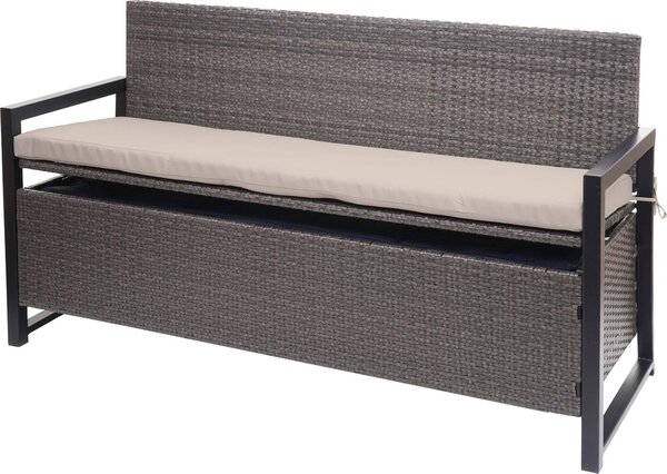 Panca da giardino Poly-Rattan, modello MCW-F39, con vano contenitore, lunghezza 164 cm, colore grigio marmorizzato, cuscini beige