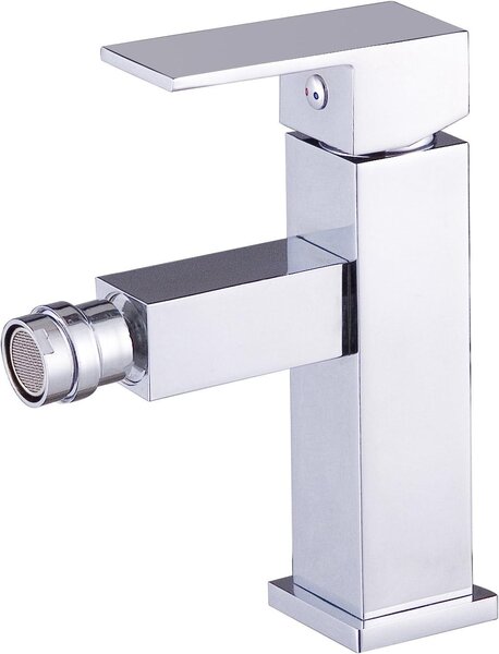 Rubinetto per bidet monocomando, color argento, con cartuccia Vetroceramica e due tubi flessibili