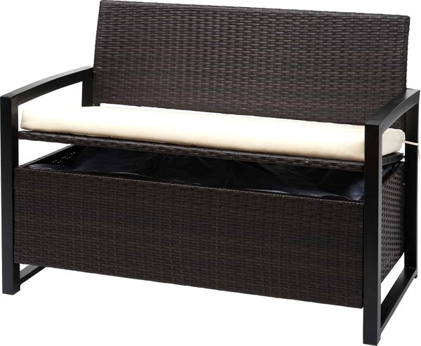 Panca da giardino Poly-Rattan, modello MCW-F39, con spazio contenitore, colore marrone, dimensioni 117 cm, cuscini color crema
