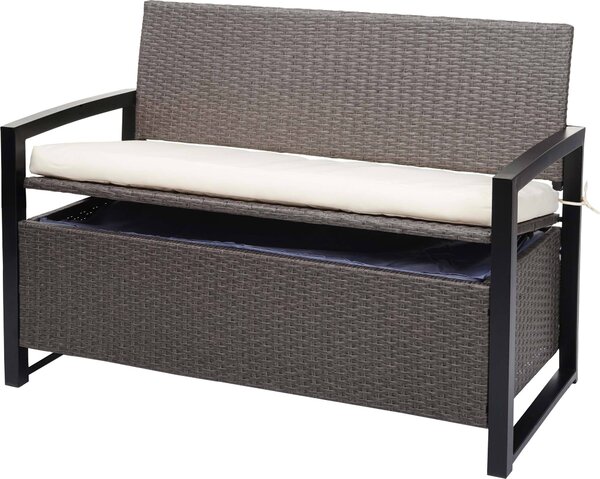 Panca da giardino Poly-Rattan, modello MCW-F39, con spazio contenitore, ideale per l'esterno, colore grigio marmorizzato, dimensioni 117 cm, cuscini color crema