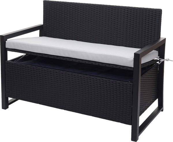 Panca da giardino Poly-Rattan, modello MCW-F39, con spazio contenitore, colore antracite, dimensioni 117 cm, cuscini grigi