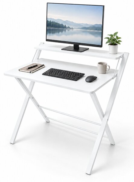 Relaxdays, scrivania, supporto monitor pieghevole, dimensioni: 82 x 70 x 56 cm, materiale: MDF, metallo, scrivania per computer, ideale per l'ufficio domestico, colore: bianco