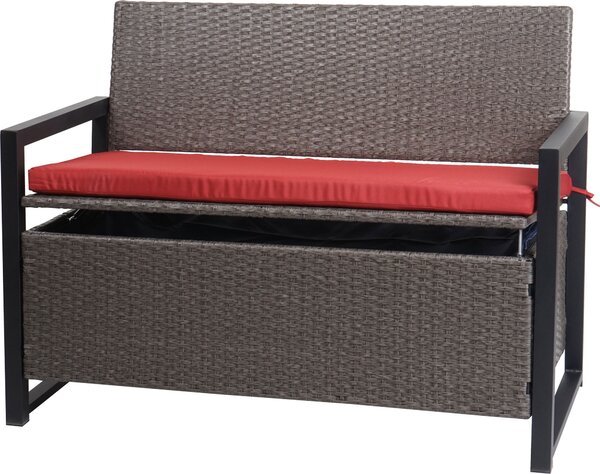 Panca da giardino Poly-Rattan, modello MCW-F39, con spazio contenitore, ideale per l'esterno, colore grigio marmorizzato, dimensioni 117 cm, cuscini rossi