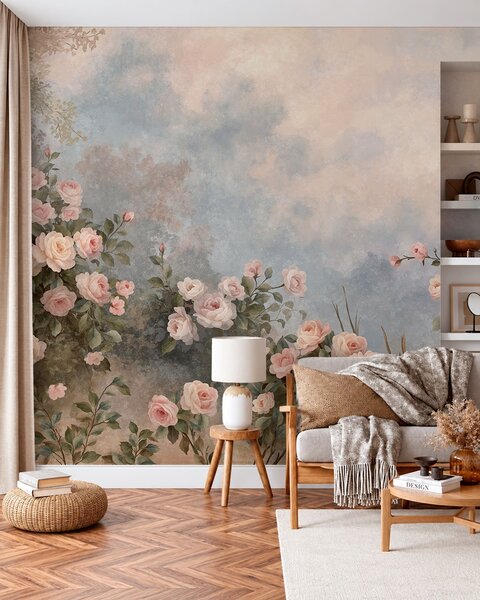 Carta da parati Cespugli di rose rosa dai colori intensi su uno sfondo nebbioso, Carta da parati Vintage, w05888 : Uwalls.it