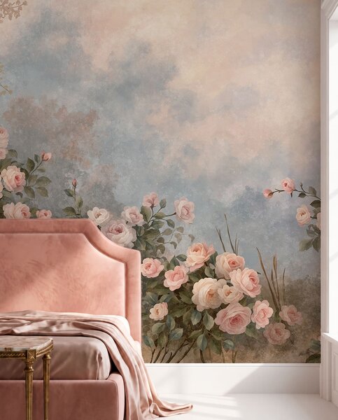 Carta da parati Cespugli di rose rosa dai colori intensi su uno sfondo nebbioso, Carta da parati Vintage, w05888 : Uwalls.it