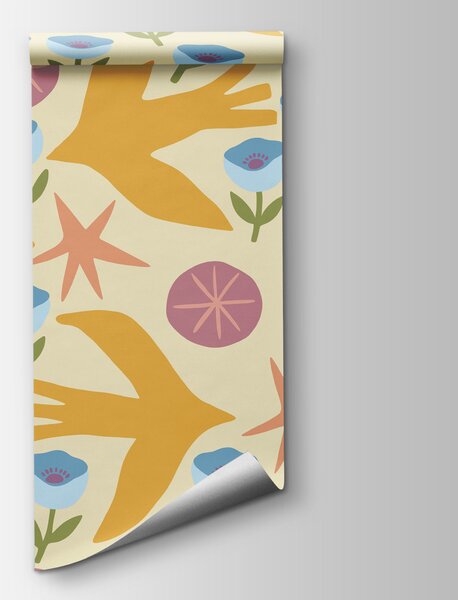 Carta da parati Motivo con fiori e uccelli, Carta da parati Floreale, Carta da parati popolare - Tapeko.it