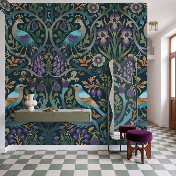 Carta da parati Motivo floreale colorato con uccelli e fiori, Carta da parati Uccelli, Carta da parati popolare - Tapeko.it