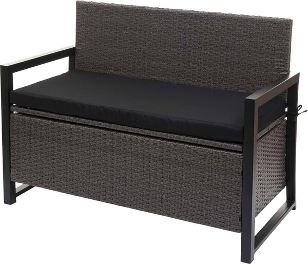 Panca da giardino in rattan sintetico, modello MCW-F39, con spazio contenitore, colore grigio, dimensioni 117 cm, cuscini neri