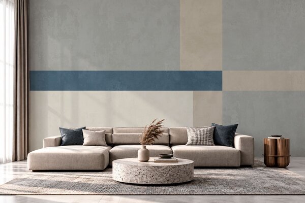 Carta da parati Blocchi geometrici nei toni del grigio e del beige con una striscia blu, Carta da parati geometrica, w05891v1 : Uwalls.it