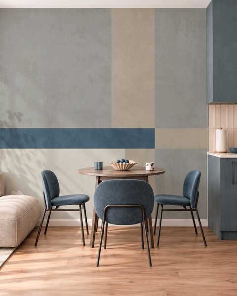 Carta da parati Blocchi geometrici nei toni del grigio e del beige con una striscia blu, Carta da parati geometrica, w05891v1 : Uwalls.it