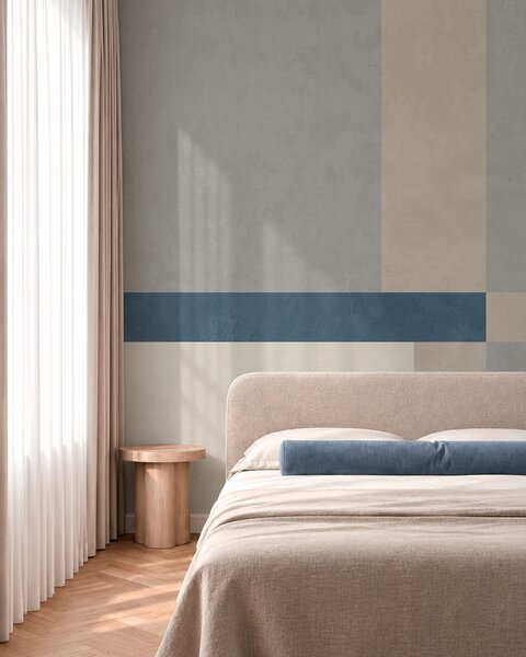 Carta da parati Blocchi geometrici nei toni del grigio e del beige con una striscia blu, Carta da parati geometrica, w05891v1 : Uwalls.it