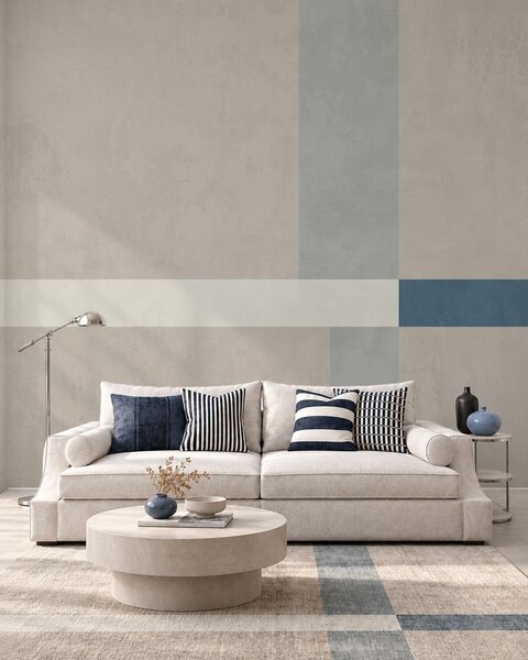 Carta da parati Rettangoli astratti nei toni del beige e del grigio con un tocco di blu, Carta da parati geometrica, w05891v2 : Uwalls.it
