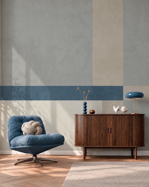 Carta da parati Blocchi geometrici nei toni del grigio e del beige con una striscia blu, Carta da parati geometrica, w05891v1 : Uwalls.it