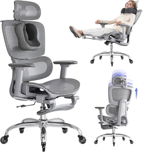 Sedia da ufficio grigia in rete, con schienale ergonomico, poggiapiedi e funzione di inclinazione