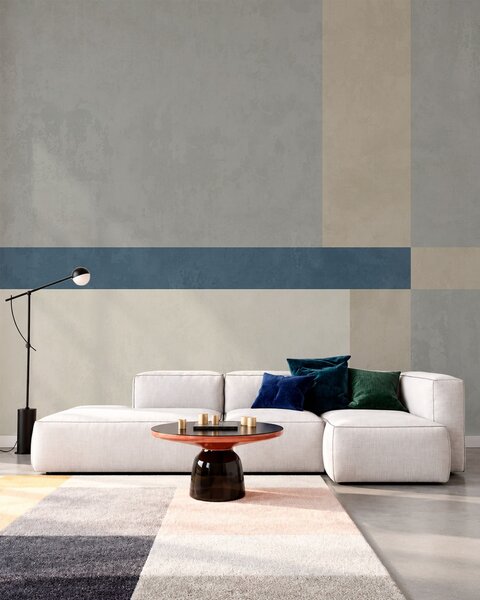 Carta da parati Blocchi geometrici nei toni del grigio e del beige con una striscia blu, Carta da parati geometrica, w05891v1 : Uwalls.it