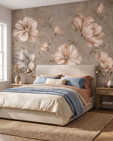Carta da parati Grandi fiori color crema e beige con foglie, Carta da parati Floreale, w05958 : Uwalls.it