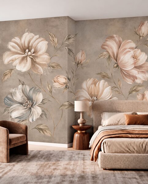 Carta da parati Grandi fiori color crema e beige con foglie, Carta da parati Floreale, w05958 : Uwalls.it