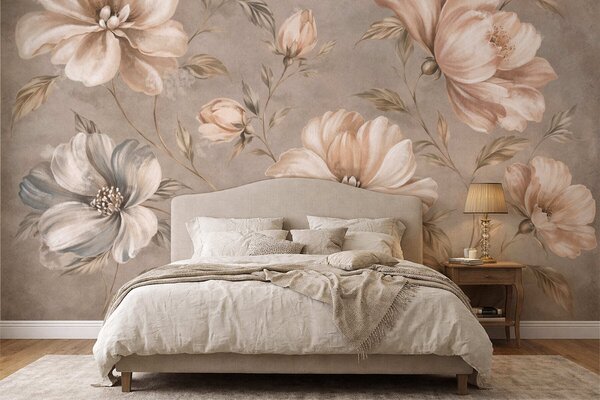 Carta da parati Grandi fiori color crema e beige con foglie, Carta da parati Floreale, w05958 : Uwalls.it