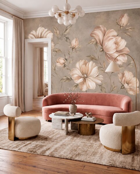 Carta da parati Grandi fiori color crema e beige con foglie, Carta da parati Floreale, w05958 : Uwalls.it