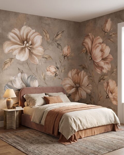 Carta da parati Grandi fiori color crema e beige con foglie, Carta da parati Floreale, w05958 : Uwalls.it