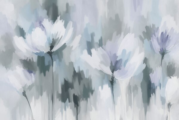Carta da parati Dipinto di fiori in grigio e bianco, Carta da parati Floreale, Carta da parati popolare - Tapeko.it
