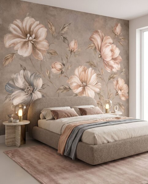 Carta da parati Grandi fiori color crema e beige con foglie, Carta da parati Floreale, w05958 : Uwalls.it