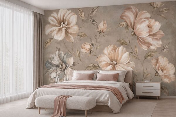 Carta da parati Grandi fiori color crema e beige con foglie, Carta da parati Floreale, w05958 : Uwalls.it